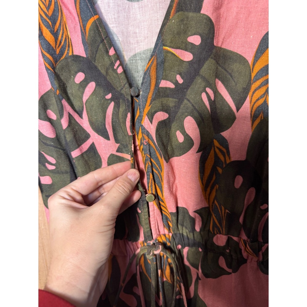 Farm Rio for Anthropologie Pink Tropical Monstera Leaf Linen Romper Small FLAW - Picture 3 of 8